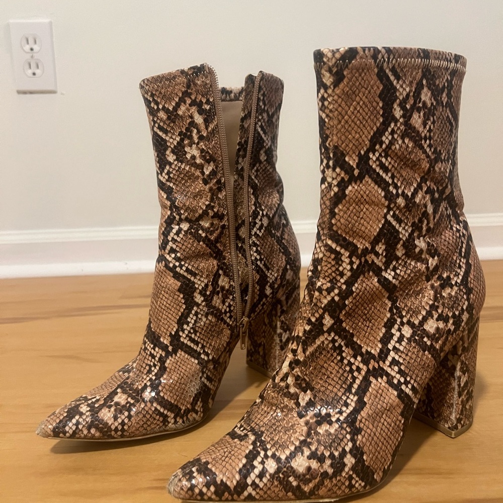 Brown and Black Heeled Boots with Snakeskin Pattern